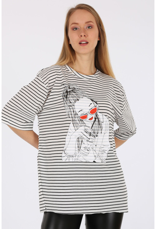 4270 Çizgili Yanı Yırtmaçlı Tshirt