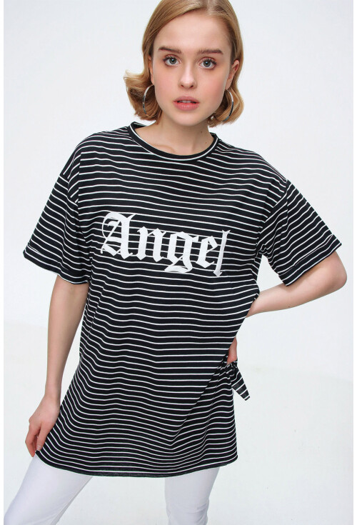 4270 Çizgili Yanı Yırtmaçlı Tshirt