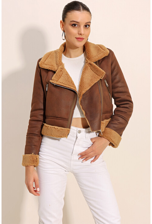 5155 Double-Breasted Faux Fur-Trimmed Leather Jacket