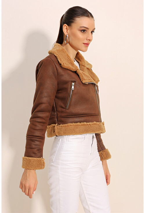5155 Double-Breasted Faux Fur-Trimmed Leather Jacket