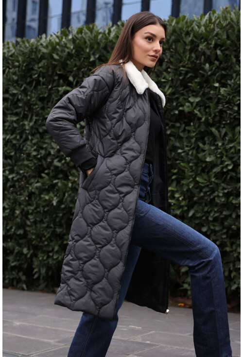 5183 Fur-Collar Quilted Long Coat