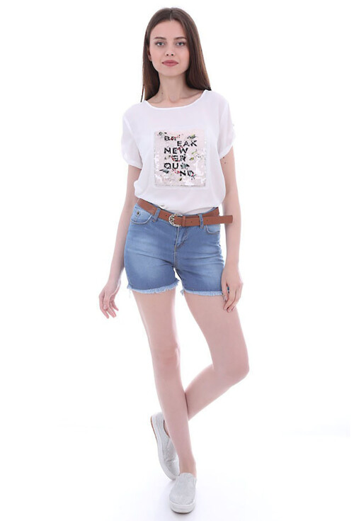 5308 Kemerli Yırtıklı Kot Şort