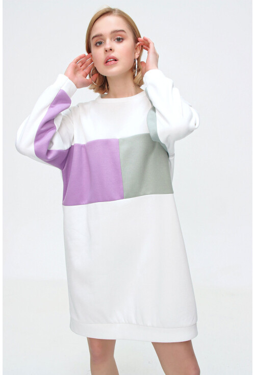 55339 Blok Renkli Polarlı Oversize Sweat Elbise