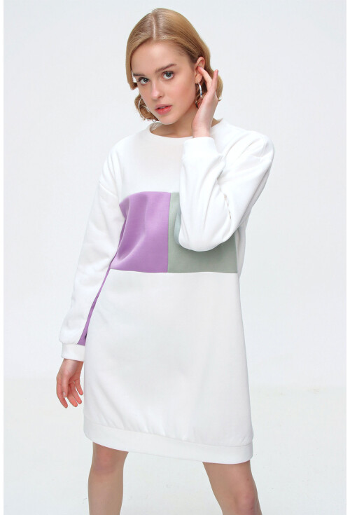 55339 Blok Renkli Polarlı Oversize Sweat Elbise