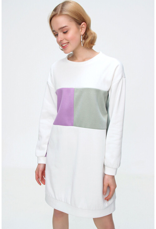55339 Blok Renkli Polarlı Oversize Sweat Elbise