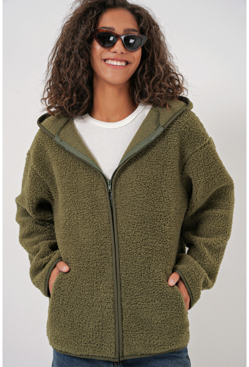 55456 Kadın Kapüşonlu Oversize Peluş Ceket