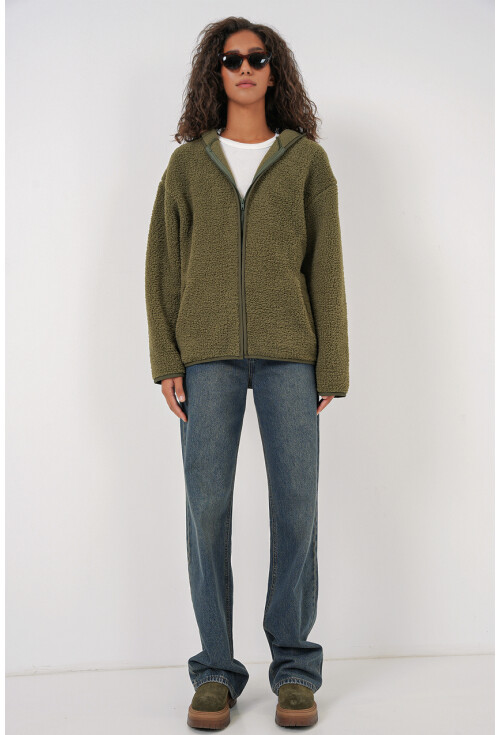 55456 Kadın Kapüşonlu Oversize Peluş Ceket