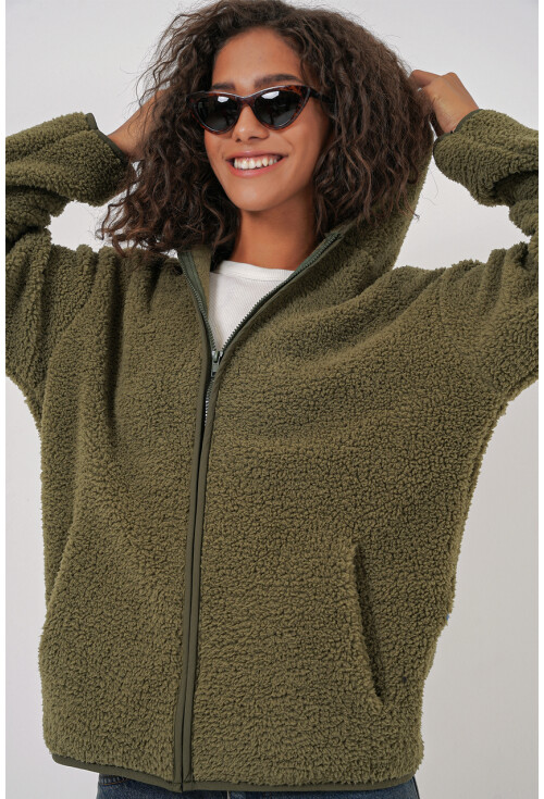 55456 Kadın Kapüşonlu Oversize Peluş Ceket