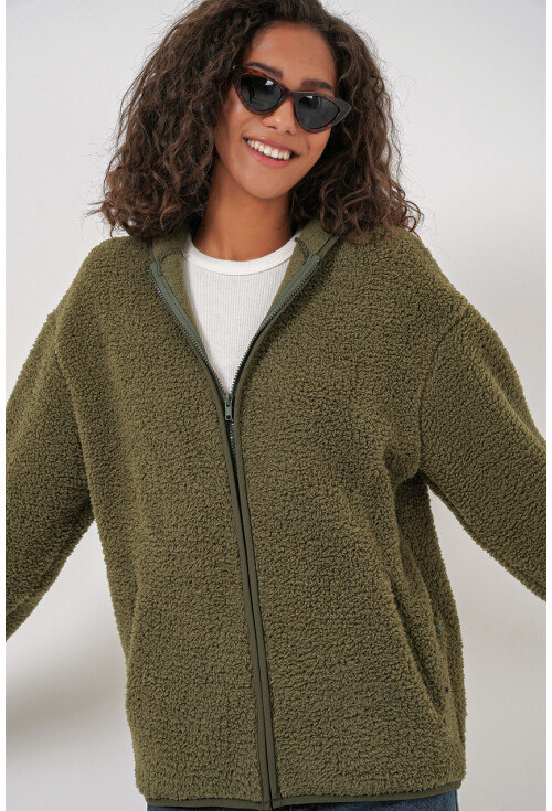 55456 Kadın Kapüşonlu Oversize Peluş Ceket