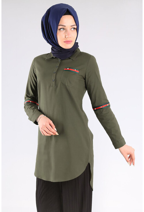 5631 Polo Yaka Şeritli İncili Tesetür Tunik