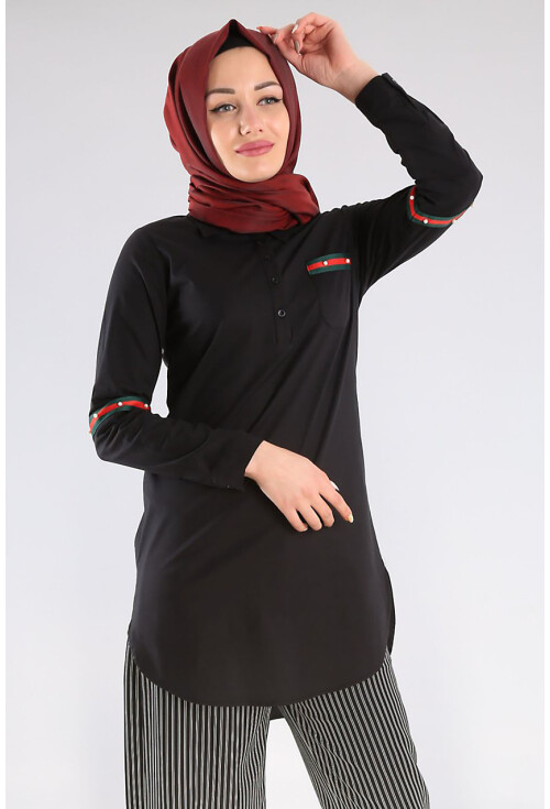 5631 Polo Yaka Şeritli İncili Tesetür Tunik
