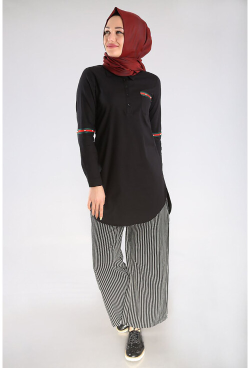 5631 Polo Yaka Şeritli İncili Tesetür Tunik