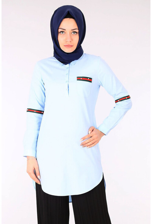 5631 Polo Yaka Şeritli İncili Tesetür Tunik