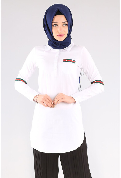 5631 Polo Yaka Şeritli İncili Tesetür Tunik