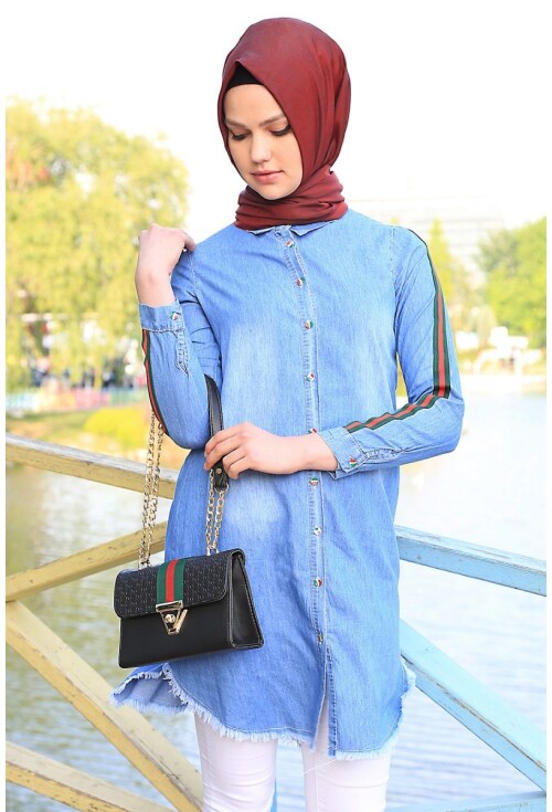 5632 Şeritli Püsküllü Jeans Tunik