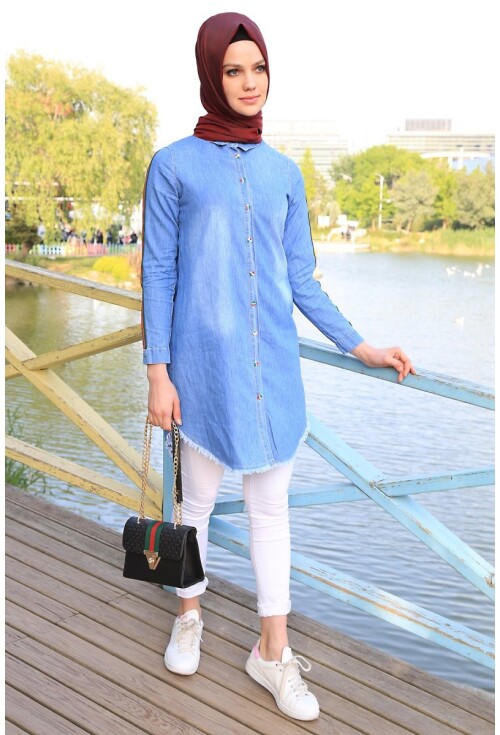 5632 Şeritli Püsküllü Jeans Tunik