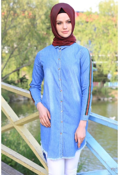 5632 Şeritli Püsküllü Jeans Tunik