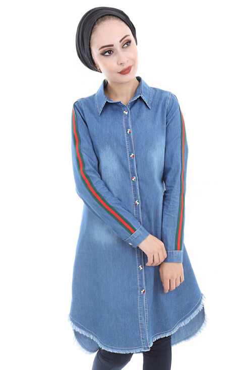 5632 Şeritli Püsküllü Jeans Tunik