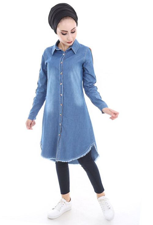 5632 Şeritli Püsküllü Jeans Tunik