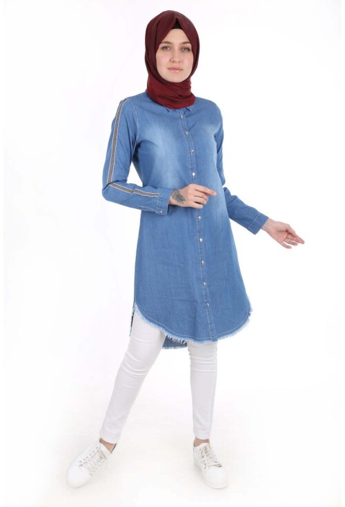 5632 Şeritli Püsküllü Jeans Tunik