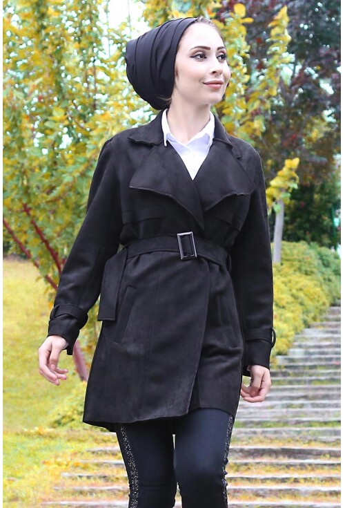 5676 Apoletli Nubuk Tesettür Trenchcoat