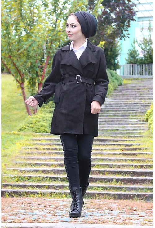 5676 Apoletli Nubuk Tesettür Trenchcoat