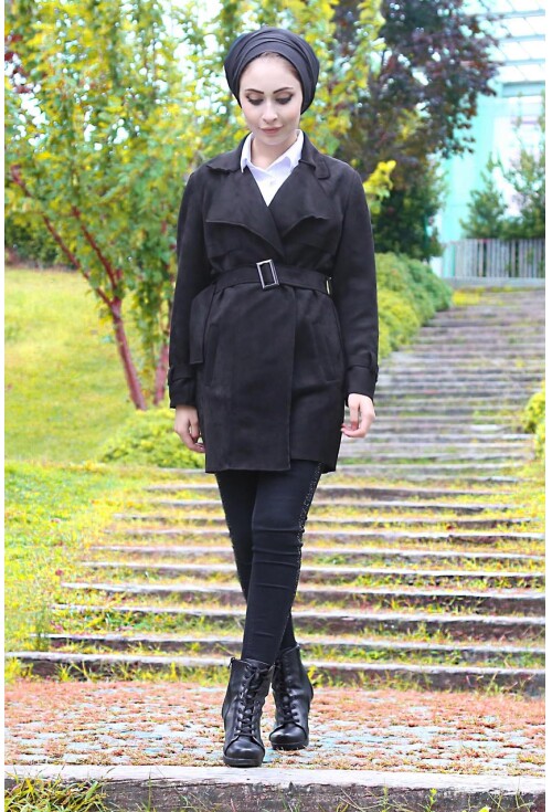 5676 Apoletli Nubuk Tesettür Trenchcoat