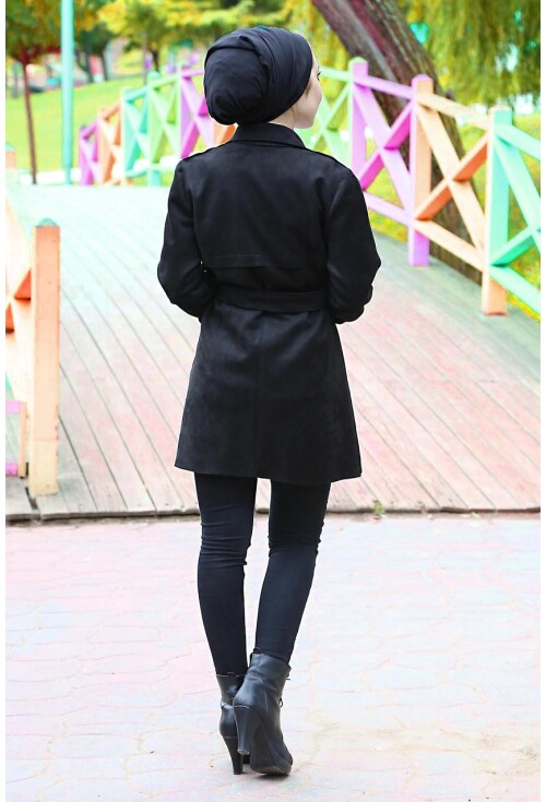 5676 Apoletli Nubuk Tesettür Trenchcoat