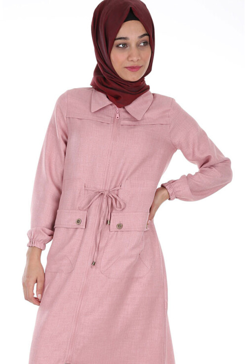 5677 Önü Boydan Fermuarlı Tesettür Trenchcoat