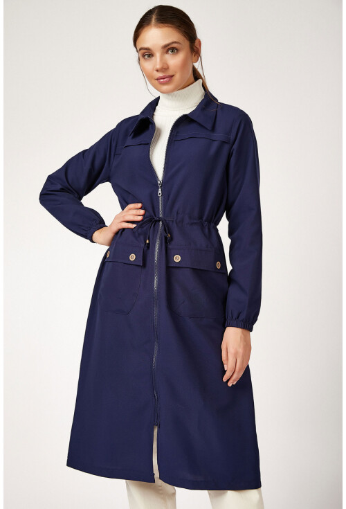 5677 Önü Boydan Fermuarlı Tesettür Trenchcoat