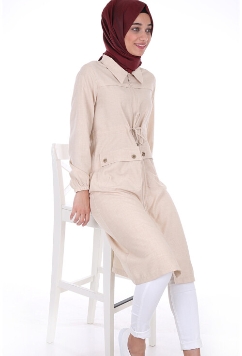 5677 Önü Boydan Fermuarlı Tesettür Trenchcoat