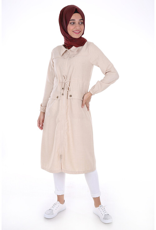 5677 Önü Boydan Fermuarlı Tesettür Trenchcoat