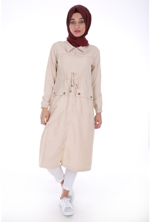 5677 Önü Boydan Fermuarlı Tesettür Trenchcoat