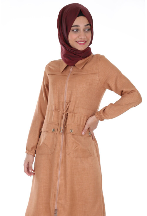 5677 Önü Boydan Fermuarlı Tesettür Trenchcoat