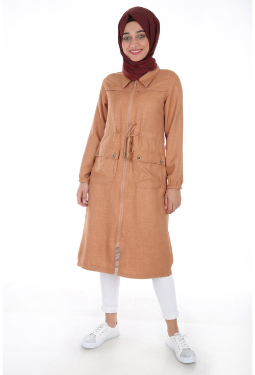 5677 Önü Boydan Fermuarlı Tesettür Trenchcoat