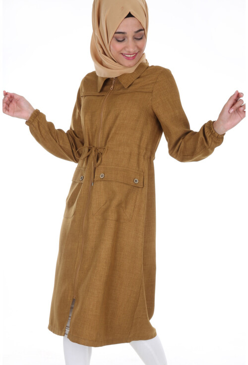 5677 Önü Boydan Fermuarlı Tesettür Trenchcoat