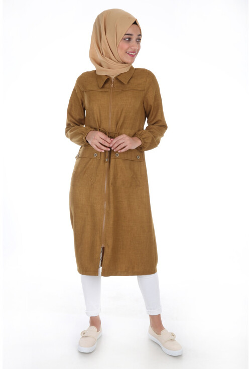 5677 Önü Boydan Fermuarlı Tesettür Trenchcoat