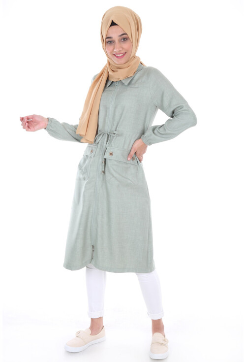 5677 Önü Boydan Fermuarlı Tesettür Trenchcoat