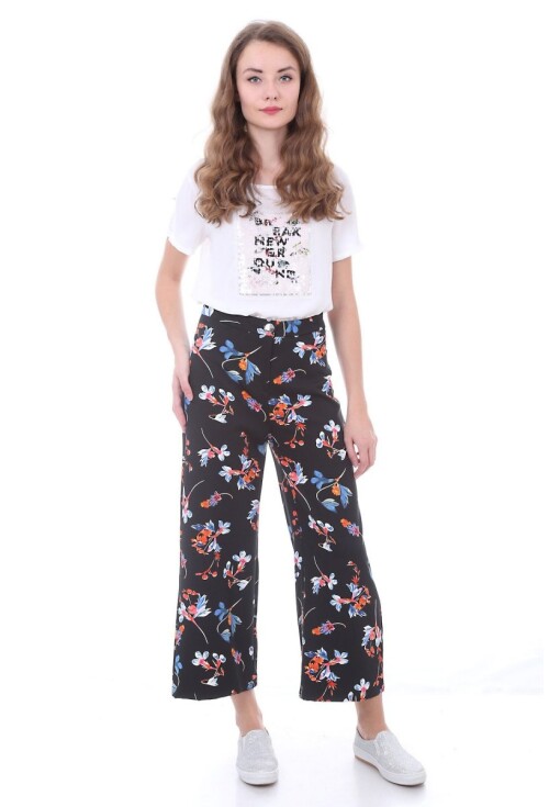 6384 Çiçekli Geniş Paça Pantolon