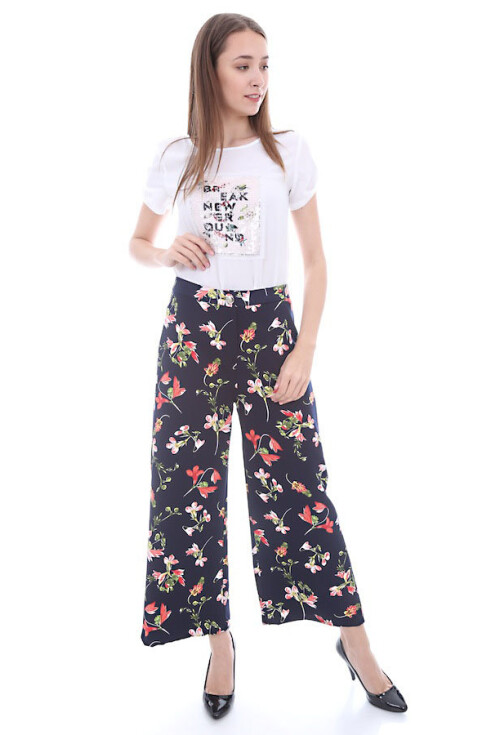 6384 Çiçekli Geniş Paça Pantolon