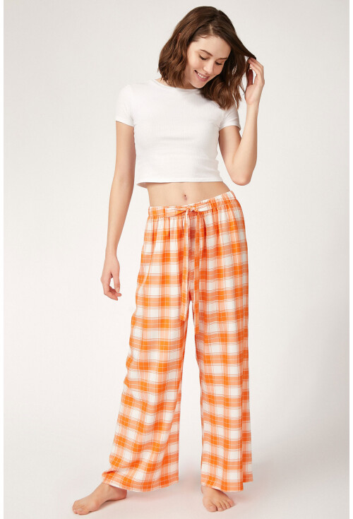 6474 Ekose Desen Kuşaklı Viskon Pijama Altı