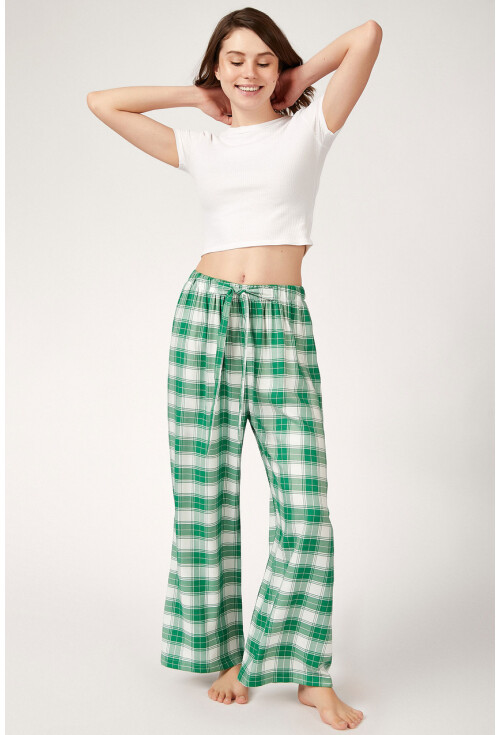 6474 Ekose Desen Kuşaklı Viskon Pijama Altı