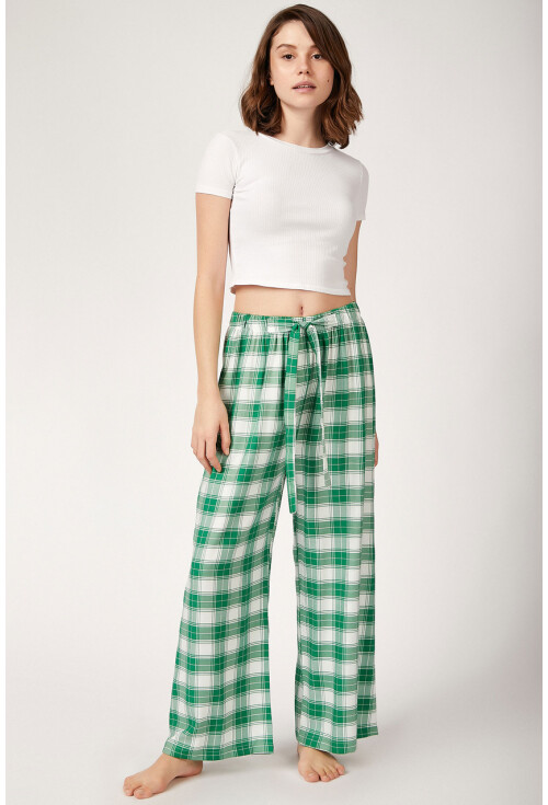 6474 Ekose Desen Kuşaklı Viskon Pijama Altı