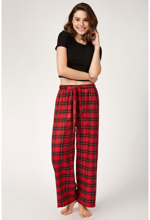 6474 Ekose Desen Kuşaklı Viskon Pijama Altı