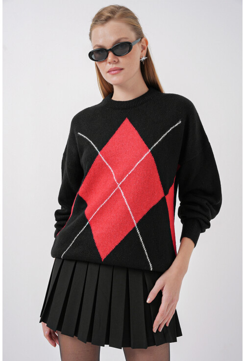 15895 Baklava Desenli Oversize Triko Kazak