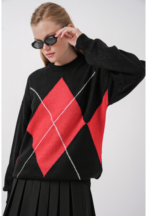 15895 Baklava Desenli Oversize Triko Kazak