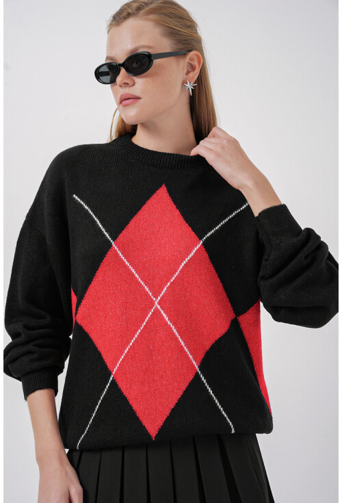 15895 Baklava Desenli Oversize Triko Kazak