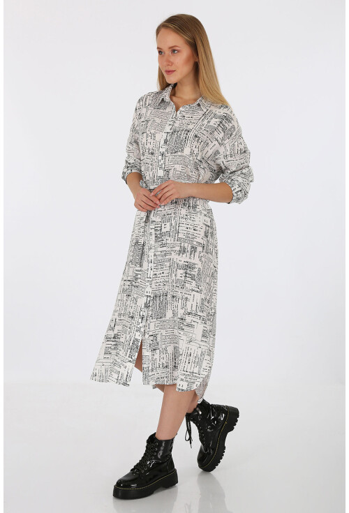 2164 Gazete Baskılı Oversize Elbise