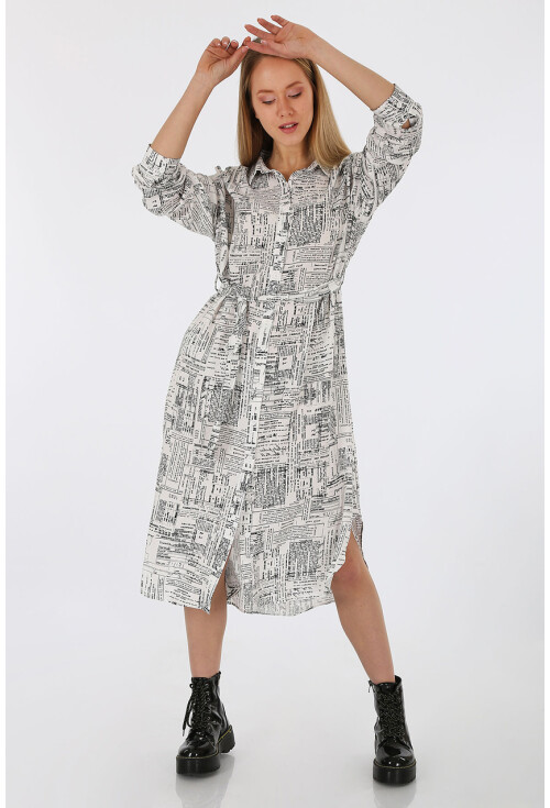 2164 Gazete Baskılı Oversize Elbise
