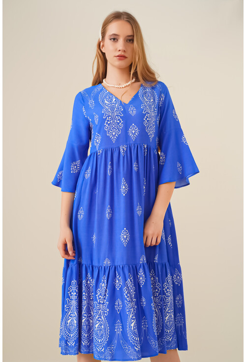 2349 V Yaka Desenli Elbise